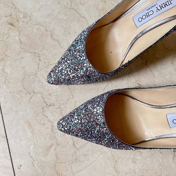 Jimmy Choo Blue Silver Glitter Love 100 Pumps Heels 38.5 Like NEW - Picture 4 of 8